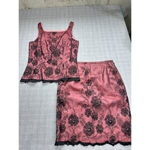 Y2K Pink Floral Corset Top & Skirt Set Size 4-6 Black Lace Overlay Satin Vintage